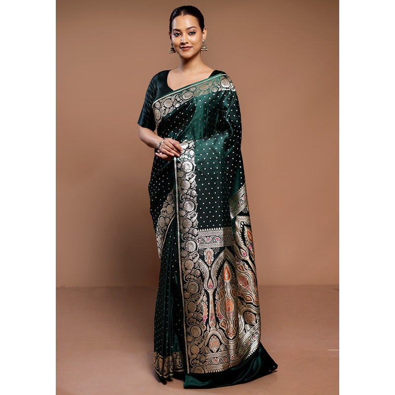 Green Handloom Banarasi Pure Silk Saree With Blouse Piece - JD986589329