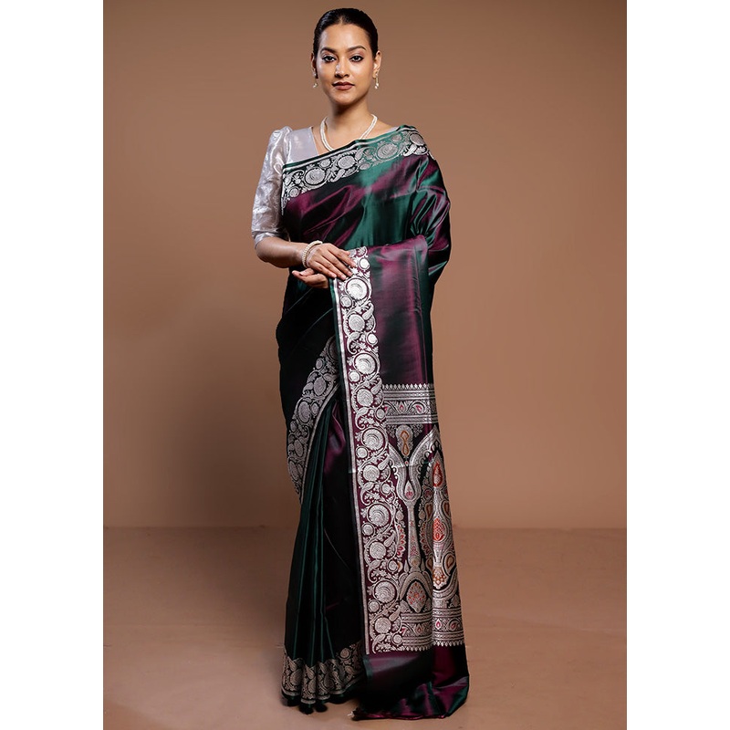 Green Handloom Banarasi Pure Silk Saree With Blouse Piece - JD986589330