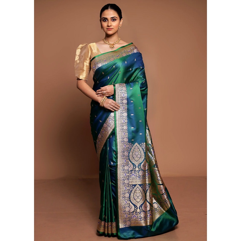 Green Handloom Banarasi Pure Silk Saree With Blouse Piece - JD986589449