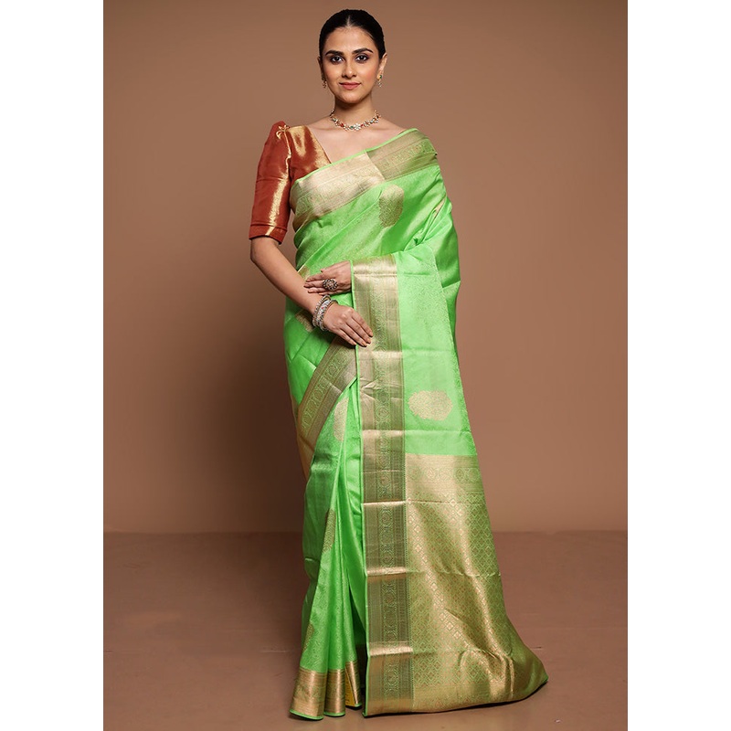 Green Handloom Kanchipuram Pure Silk Saree With Blouse Piece - JD986589447