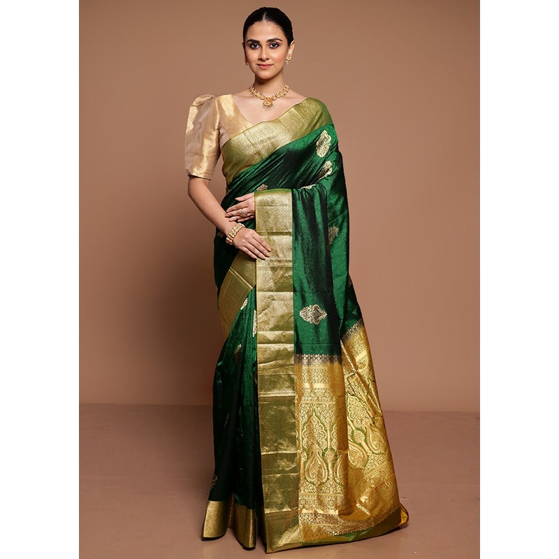 Green Handloom Kanchipuram Pure Silk Saree With Blouse Piece - JD986589448
