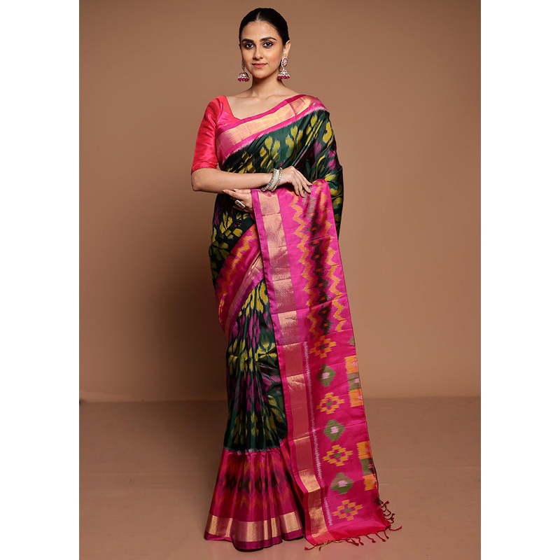 Green Handloom Kanjivaram Pure Silk Saree With Blouse Piece - JD986589446
