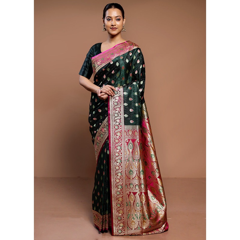 Green Handloom Tanchoi Pure Silk Saree With Blouse Piece - JD986589325