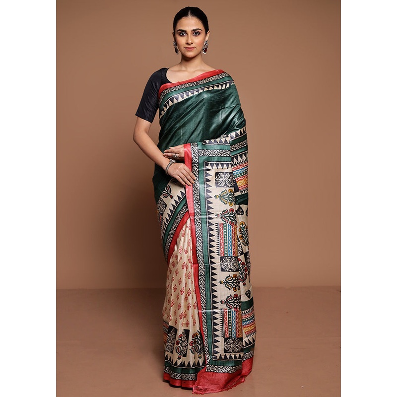 Green Handloom Tussar Pure Silk Saree With Blouse Piece - JD986589445