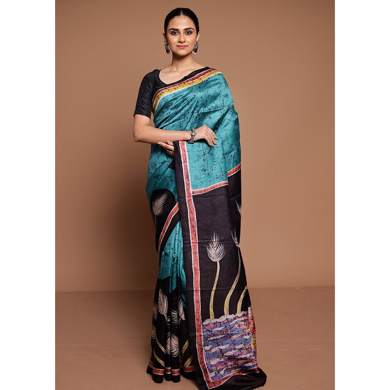 Green Printed Pure Silk Saree Without Blouse Piece - JD986589433
