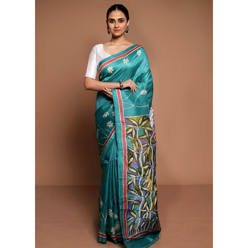 Green Printed Pure Silk Saree Without Blouse Piece - JD986589434