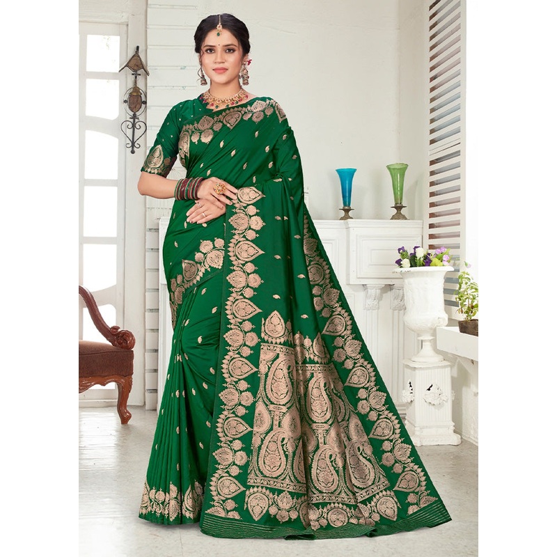 Green Spun Silk Saree With Blouse Piece - JD986589362