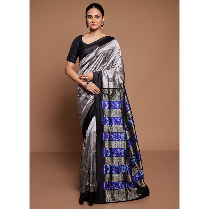 Grey Handloom Bomkai Pure Silk Saree With Blouse Piece - JD986589432