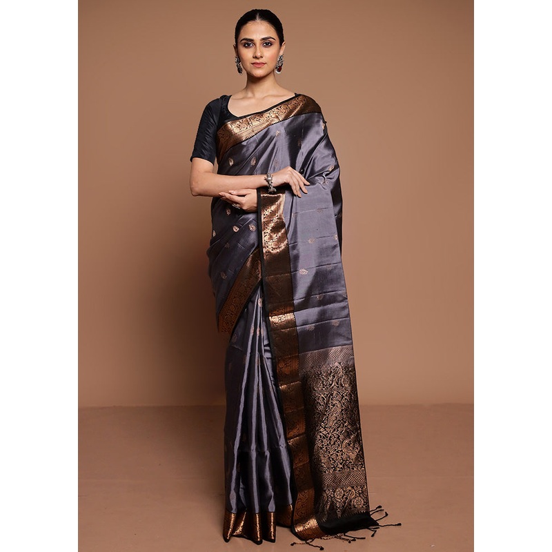 Grey Handloom Kanchipuram Pure Silk Saree With Blouse Piece - JD986589431