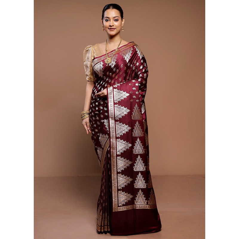 Maroon Banarasi Silk Saree With Blouse Piece - JD986589319
