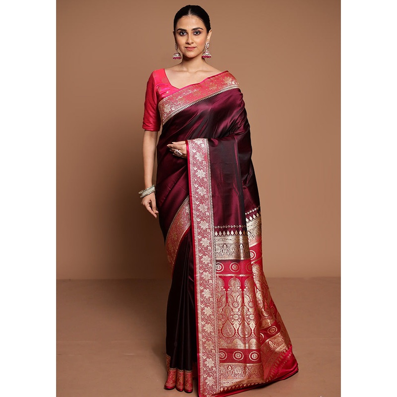 Maroon Banarasi Silk Saree With Blouse Piece - JD986589427
