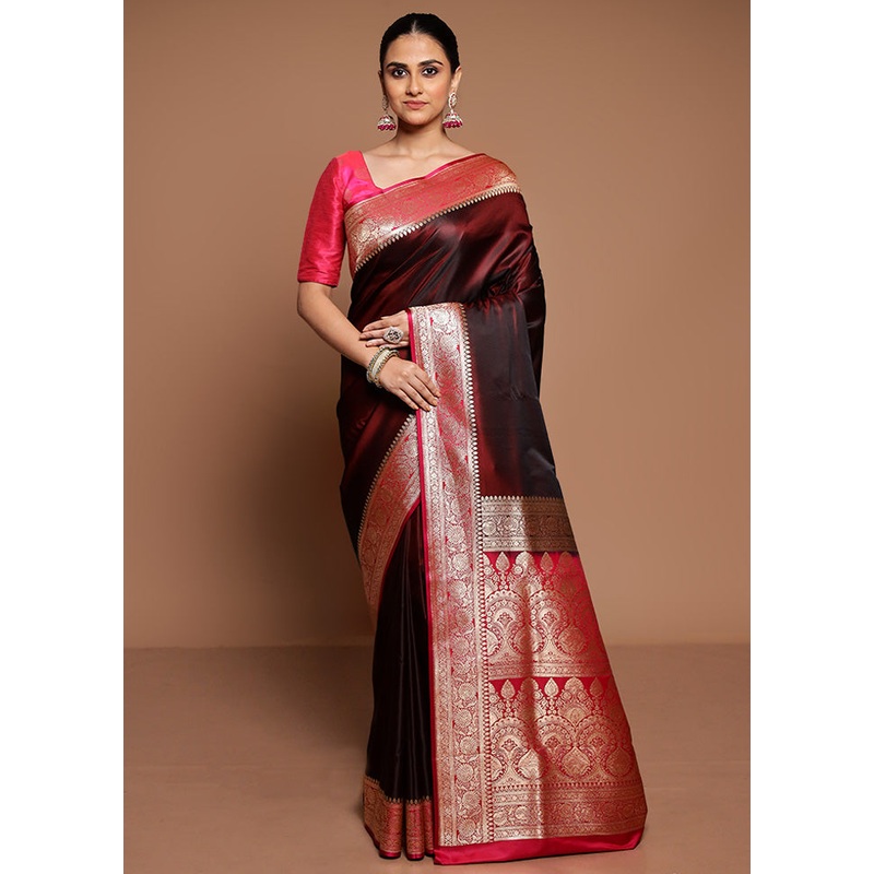 Maroon Banarasi Silk Saree With Blouse Piece - JD986589428