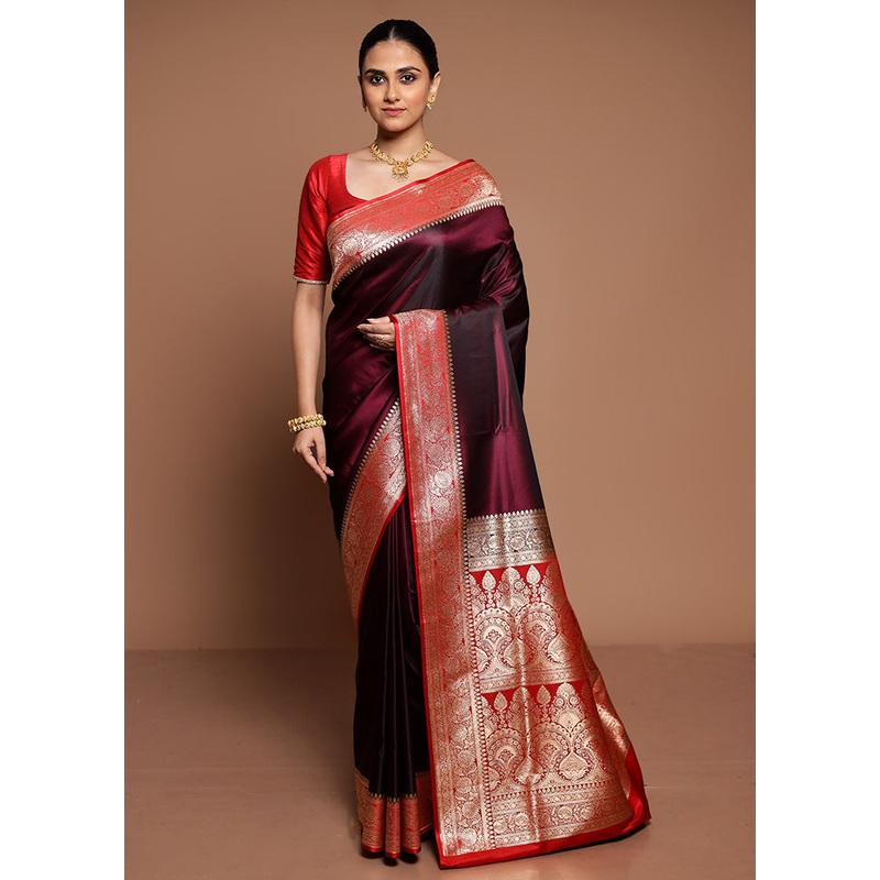 Maroon Banarasi Silk Saree With Blouse Piece - JD986589429