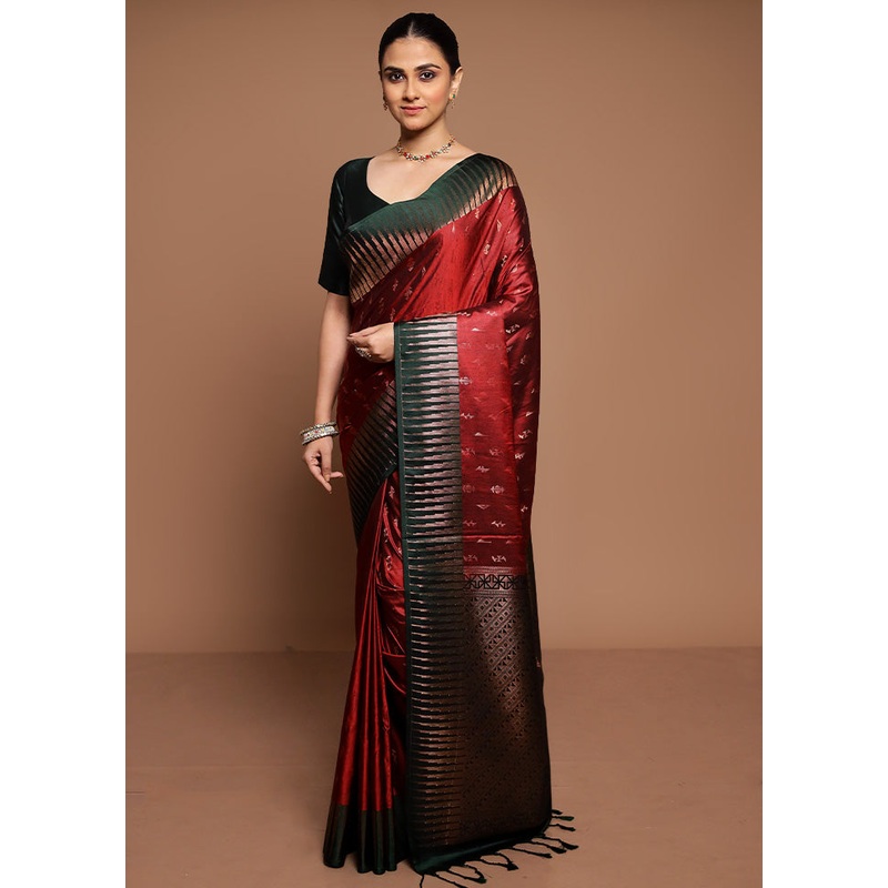 Maroon Dupion Silk Saree With Blouse Piece - JD986589426