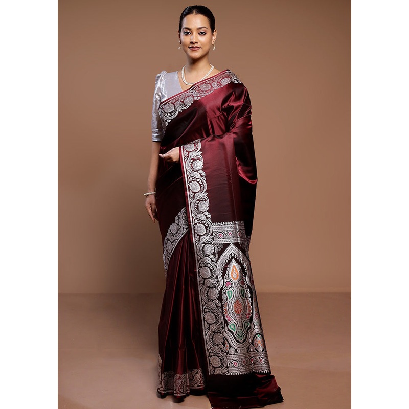 Maroon Handloom Banarasi Pure Silk Saree With Blouse Piece - JD986589318