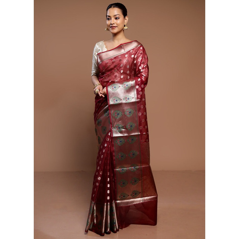 Maroon Organza Saree With Blouse Piece - JD986589317