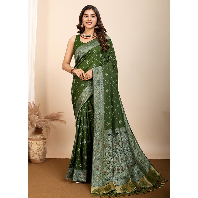 Olive Green Spun Silk Saree With Blouse Piece - JD986589383