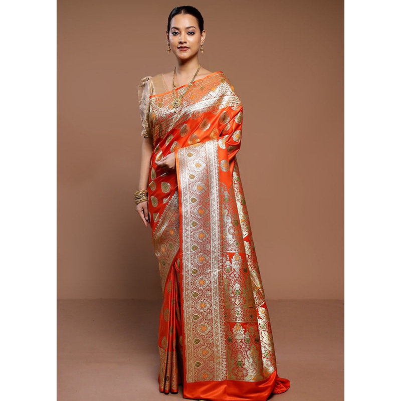 Orange Banarasi Silk Saree With Blouse Piece - JD986589316
