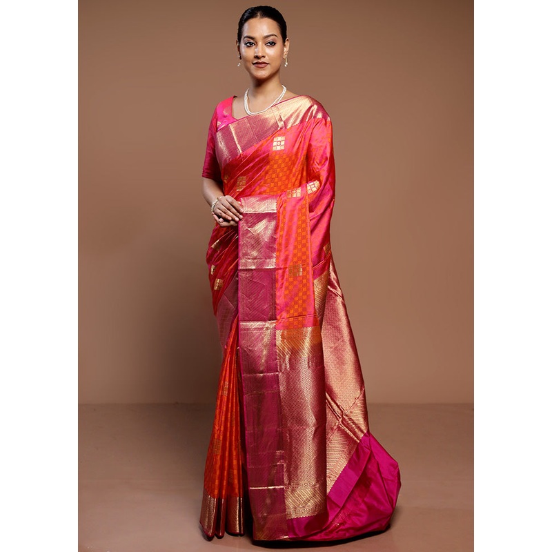 Orange Handloom Kanchipuram Pure Silk Saree With Blouse Piece - JD986589315