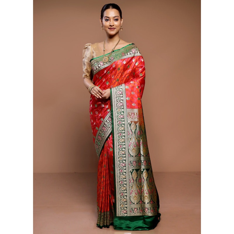 Orange Handloom Tanchoi Pure Silk Saree With Blouse Piece - JD986589313
