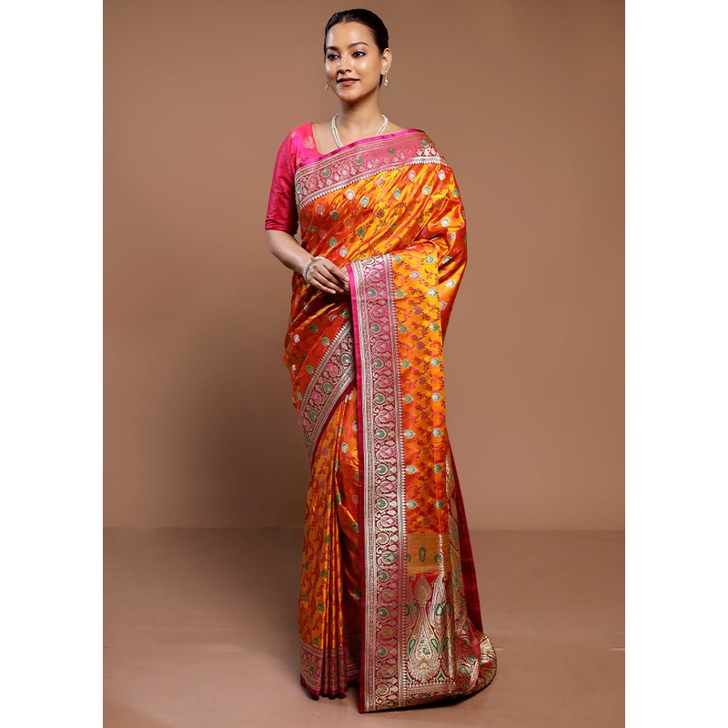 Orange Handloom Tanchoi Pure Silk Saree With Blouse Piece - JD986589314