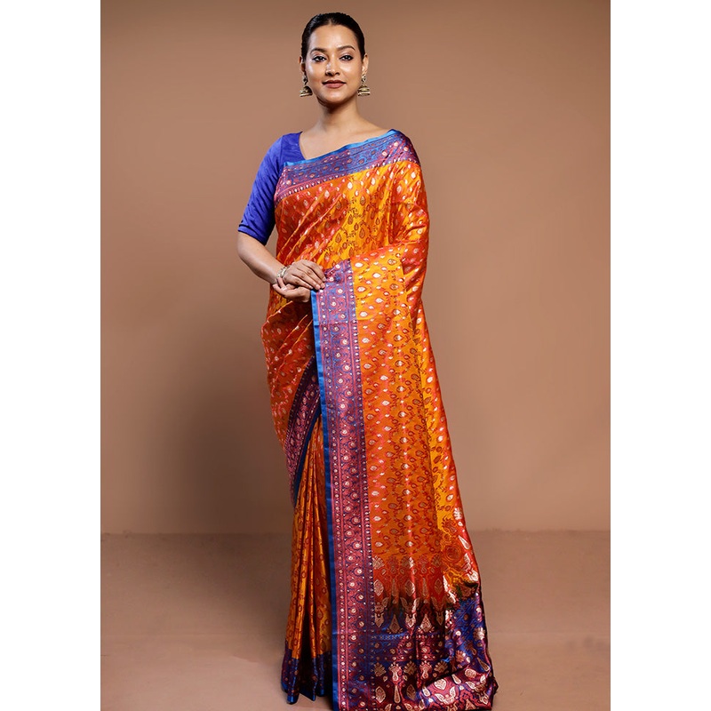 Orange Tanchoi Silk Saree With Blouse Piece - JD986589311