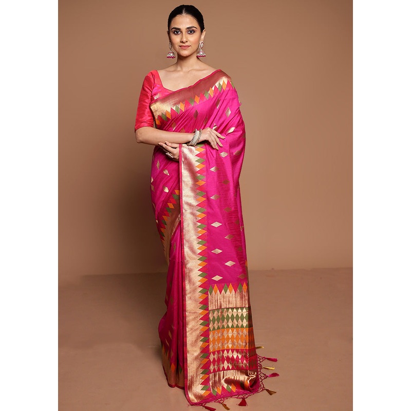Pink Dupion Silk Saree With Blouse Piece - JD986589420