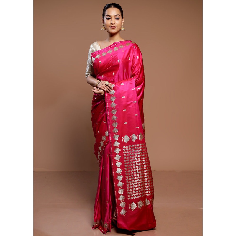 Pink Handloom Banarasi Pure Silk Saree With Blouse Piece - JD986589306