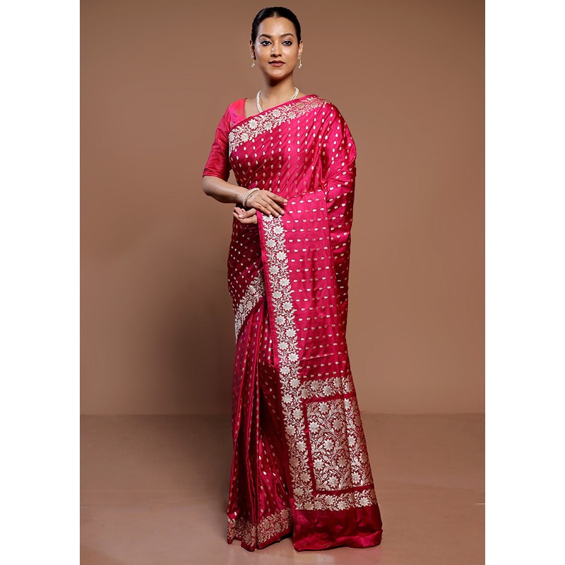 Pink Handloom Banarasi Pure Silk Saree With Blouse Piece - JD986589307