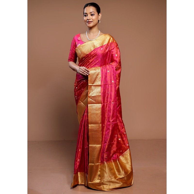 Pink Handloom Kanchipuram Pure Silk Saree With Blouse Piece - JD986589304