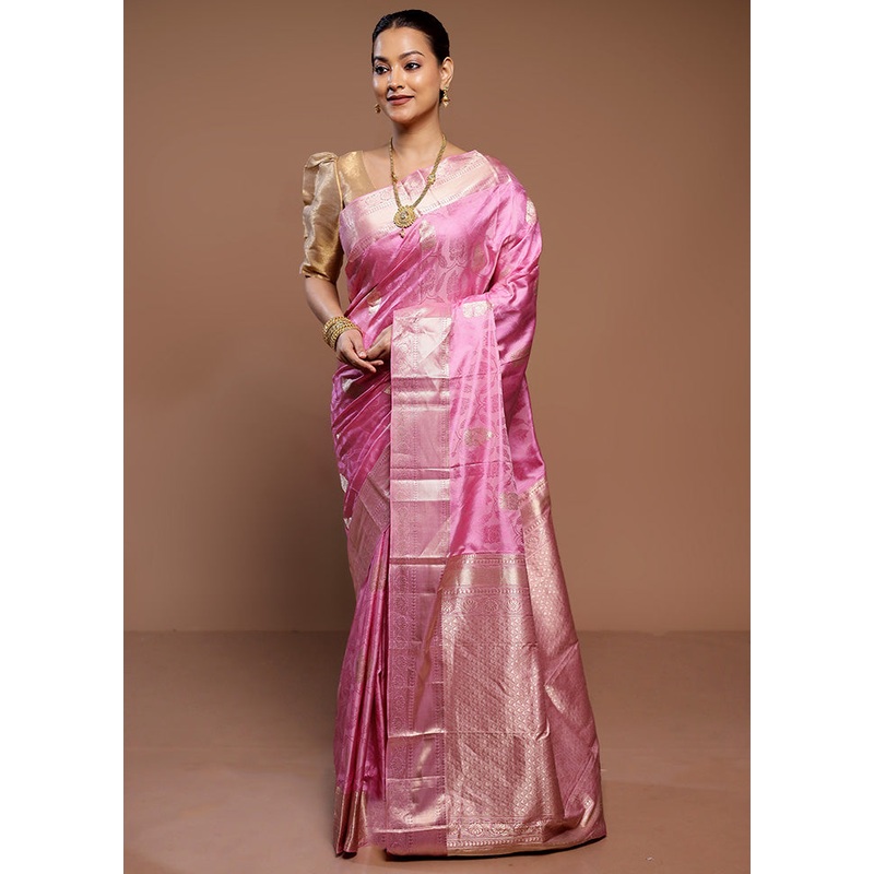 Pink Handloom Kanchipuram Pure Silk Saree With Blouse Piece - JD986589305