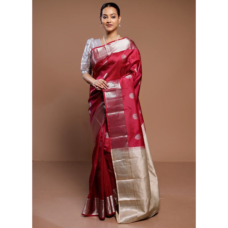 Pink Handloom Kanjivaram Pure Silk Saree With Blouse Piece - JD986589303