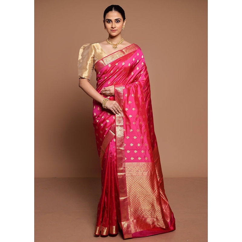 Pink Handloom Kanjivaram Pure Silk Saree With Blouse Piece - JD986589418