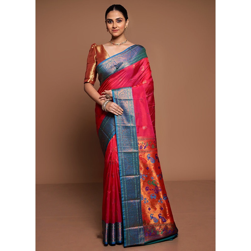 Pink Kanjivaram Silk Saree With Blouse Piece - JD986589413