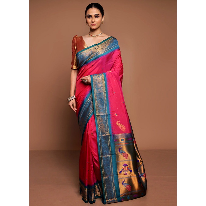 Pink Kanjivaram Silk Saree With Blouse Piece - JD986589414