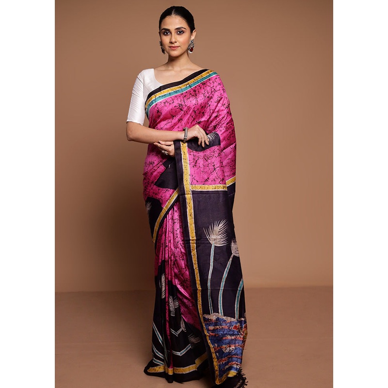 Pink Printed Pure Silk Saree Without Blouse Piece - JD986589411