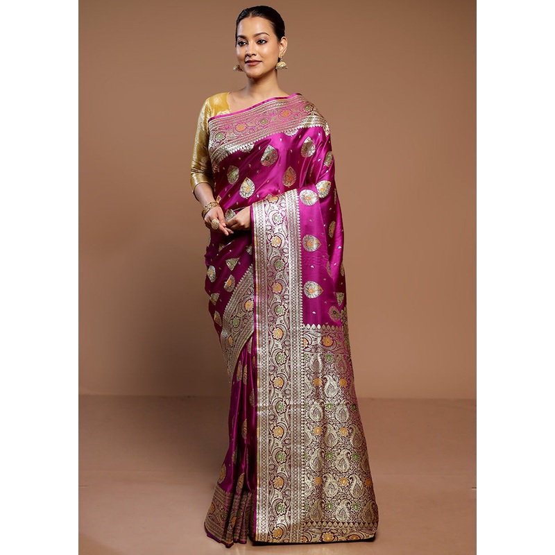 Purple Banarasi Silk Saree With Blouse Piece - JD986589297
