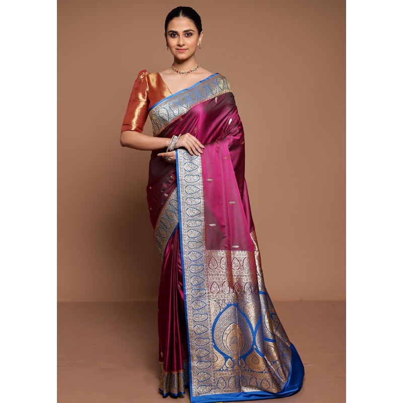Purple Banarasi Silk Saree With Blouse Piece - JD986589410