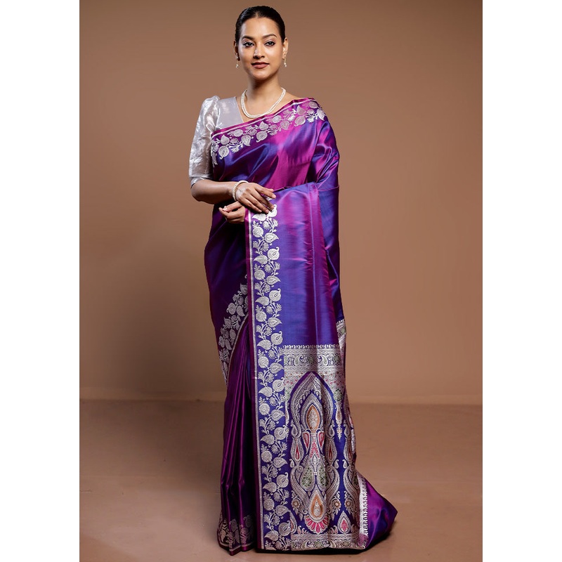 Purple Handloom Banarasi Pure Silk Saree With Blouse Piece - JD986589294