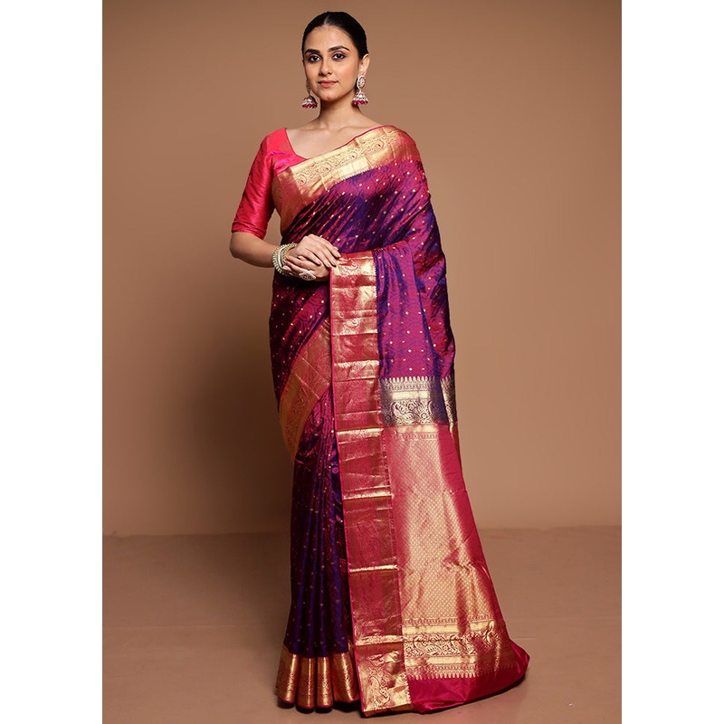 Purple Handloom Kanchipuram Pure Silk Saree With Blouse Piece - JD986589407