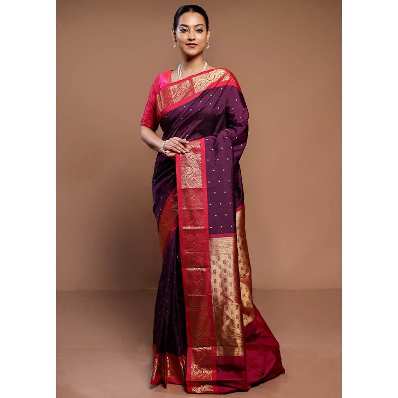Purple Kanjivaram Silk Saree With Blouse Piece - JD986589293