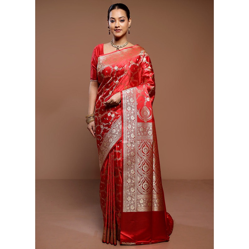 Red Banarasi Silk Saree With Blouse Piece - JD986589291