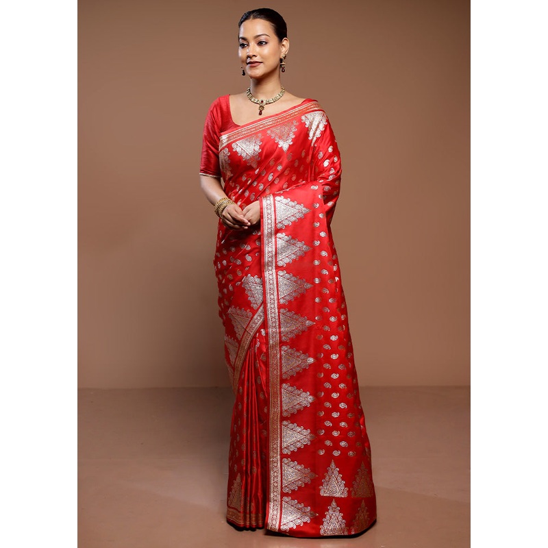 Red Banarasi Silk Saree With Blouse Piece - JD986589292