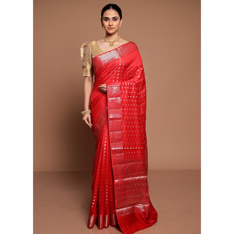 Red Dupion Silk Saree With Blouse Piece - JD986589401