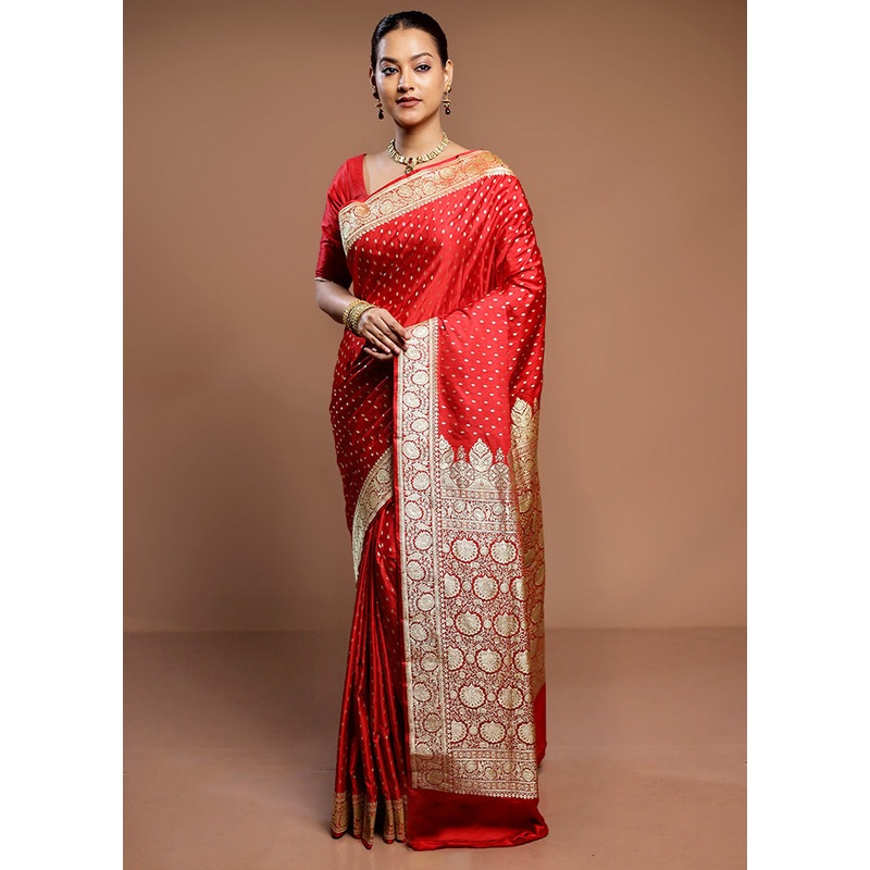 Red Handloom Banarasi Pure Silk Saree With Blouse Piece - JD986589290