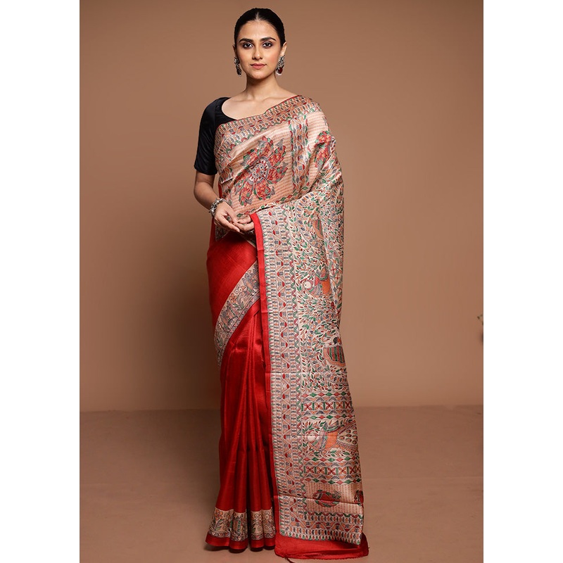 Red Printed Pure Silk Saree Without Blouse Piece - JD986589400