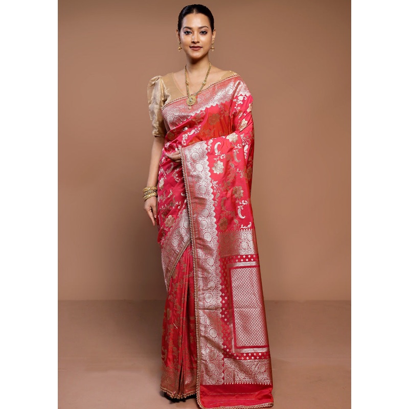 Red Uppada Silk Saree With Blouse Piece - JD986589287