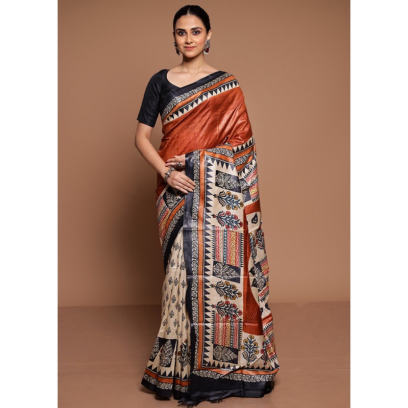 Rust Handloom Tussar Pure Silk Saree With Blouse Piece - JD986589399