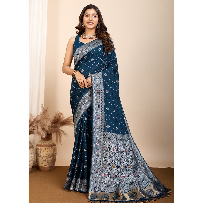 Teal Blue Spun Silk Saree With Blouse Piece - JD986589376