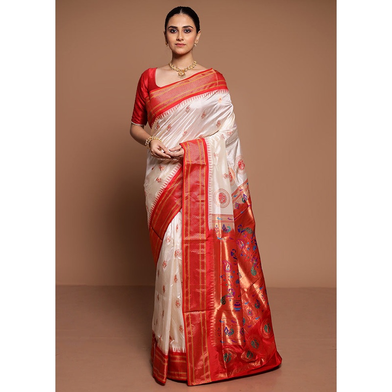 White Handloom Kanchipuram Pure Silk Saree With Blouse Piece - JD986589398